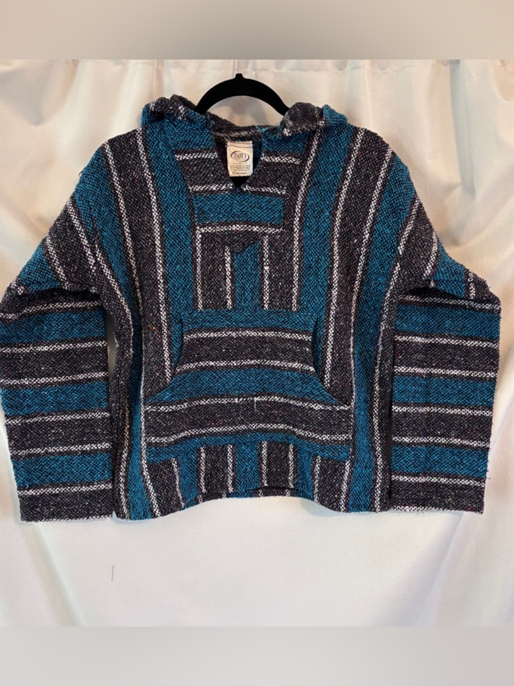 Authentic Men's Baja Hoodie - Teal & Gray Stripes from Mexico. Size Small, Relax